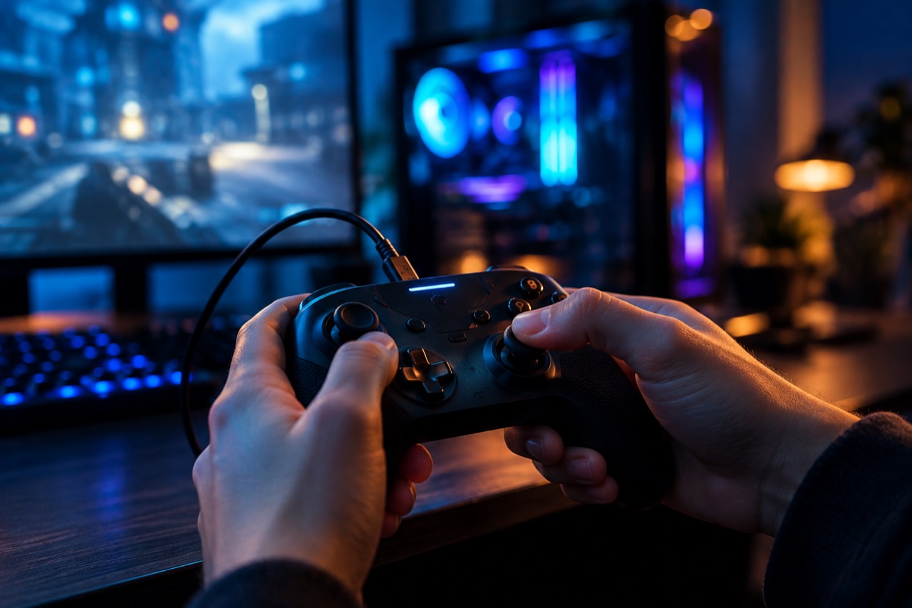 A player's hands gripping a game controller wired to a gaming PC, thumb pushing the thumbstick, lit by the glow of the monitor