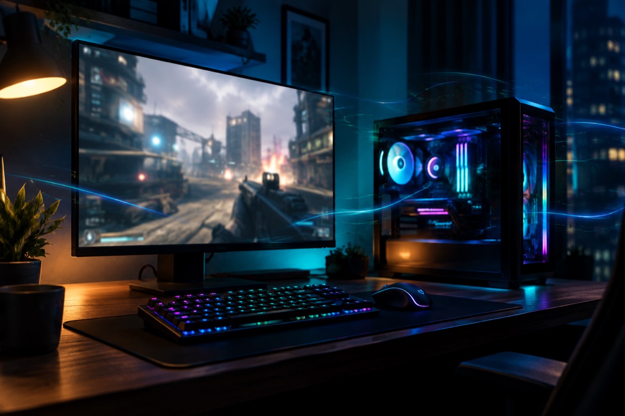 A high-end gaming PC setup at night: an RGB-lit glass tower and a monitor showing a first-person shooter, with faint streaks of light drifting through the air
