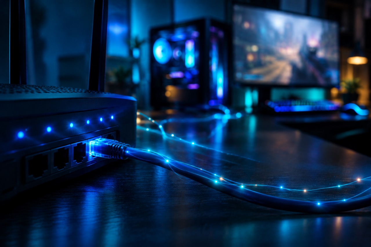 Close-up of an ethernet cable plugged into a router with glowing blue status lights, with uneven pulses of light running toward a gaming PC in the background