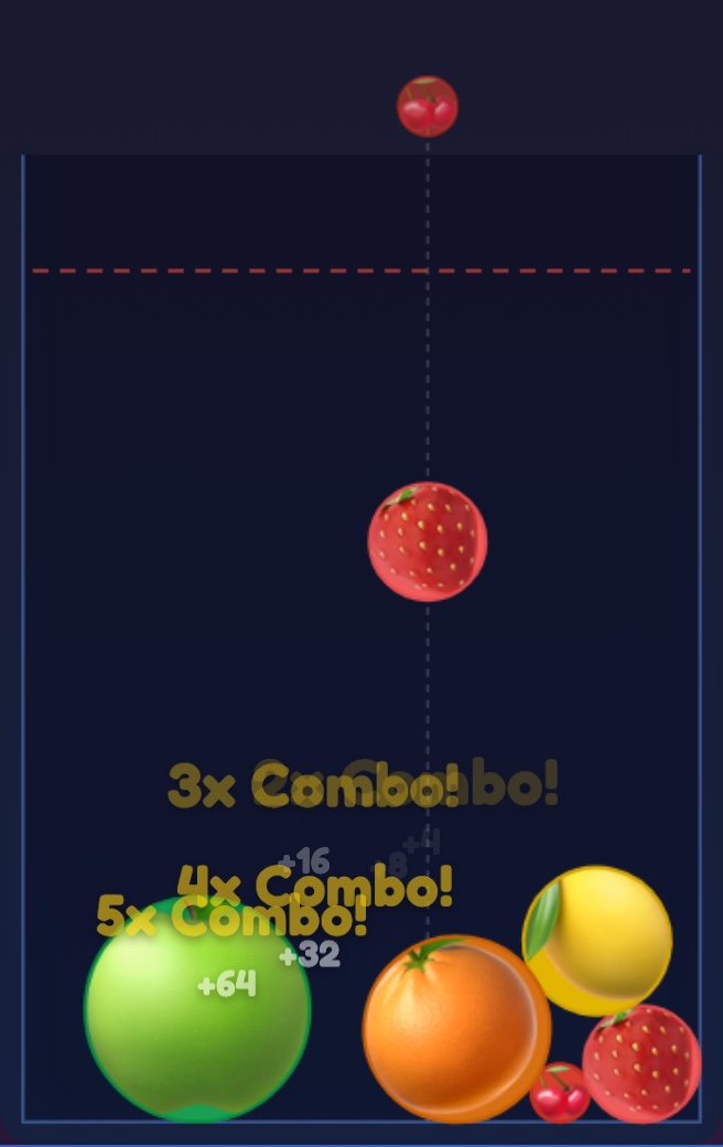 Match Mania's jar mid-play, with same-tier fruit merging and a chain of combo pop-ups on screen