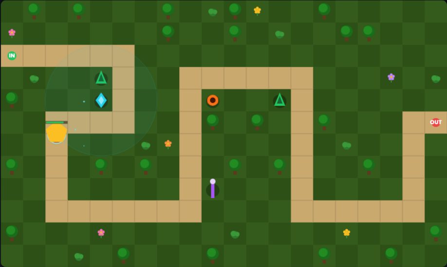The huge yellow Boss enemy with a long health bar inching along the path inside an Ice tower's pale slow field, with its escort already cleared