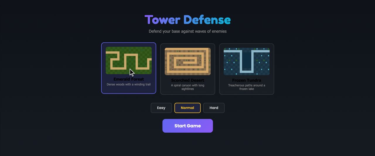 The Tower Defense map-select screen showing preview cards for Emerald Forest, Scorched Desert and Frozen Tundra, with Easy, Normal and Hard difficulty buttons below