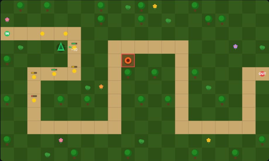 Early in a run on Emerald Forest: scouts with health bars marching the first bends past a firing Arrow tower while a Cannon is placed on the corner tile